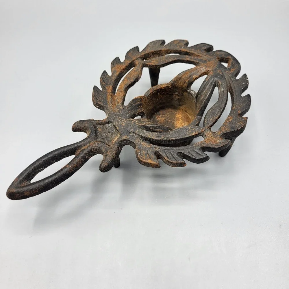 Vintage Cast Iron Trivet Footed Candle Holder Leaf Scroll Design Black Brown